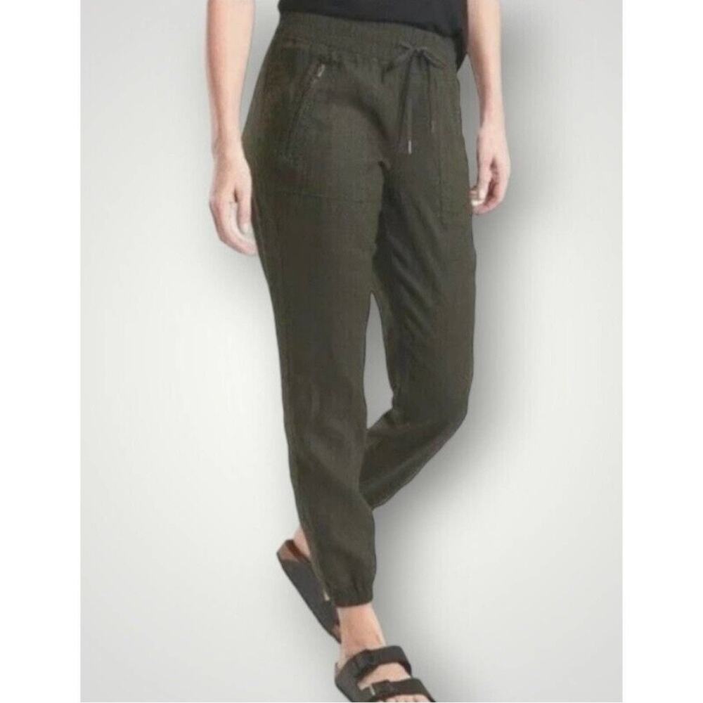 Athleta Cabo 100% Linen Coastal Grandma Minimalist Classic Joggers Olive Green